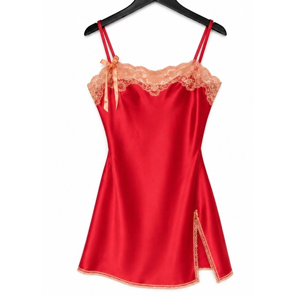 Vintage Victorias Secret Red Satin Lace Trim Slip Dress Chemise Small